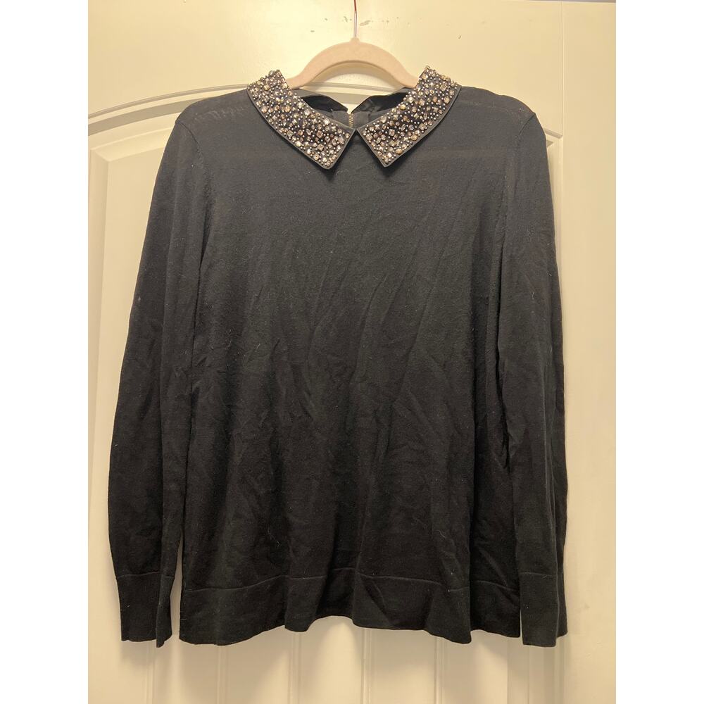 Halogen Women’s Petite Embellished Collar Trim Pullover Sweater Size M Black